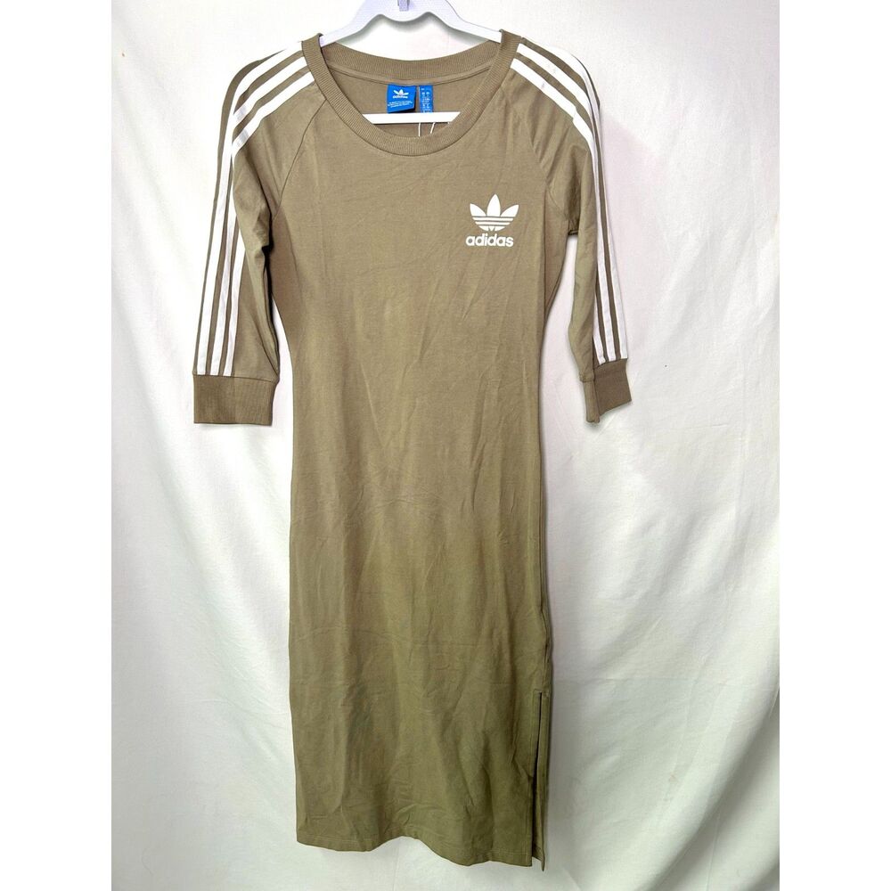 Adidas 3 Stripe Olive Green cotton blend Small Midi Dress Sporty Spice